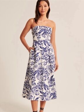 Abercrombie & Fitch White Strapless Midi Dress with Blue Botanical Print